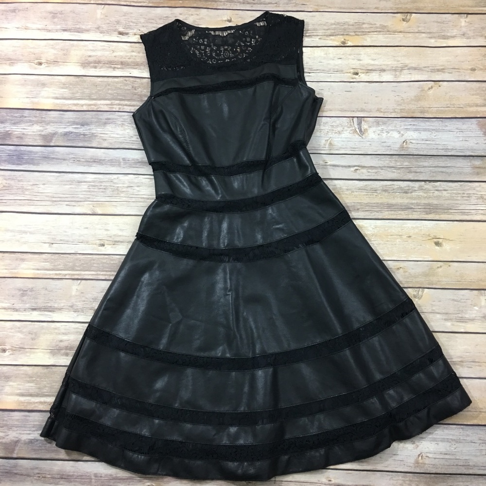 Saks RED faux leather, lace fit and flare dress